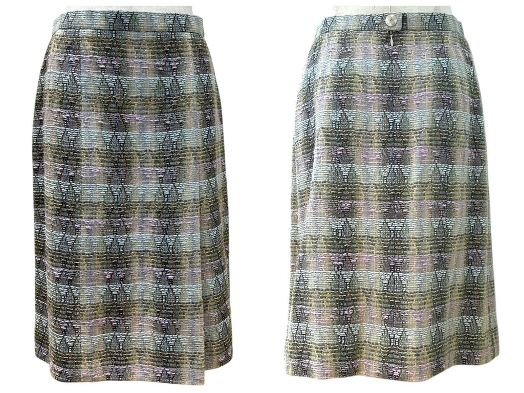 Chanel Boutique Tweed Wool Silk Blend Jacket & Skirt Suit Set Beige Grey Multicolour 38
