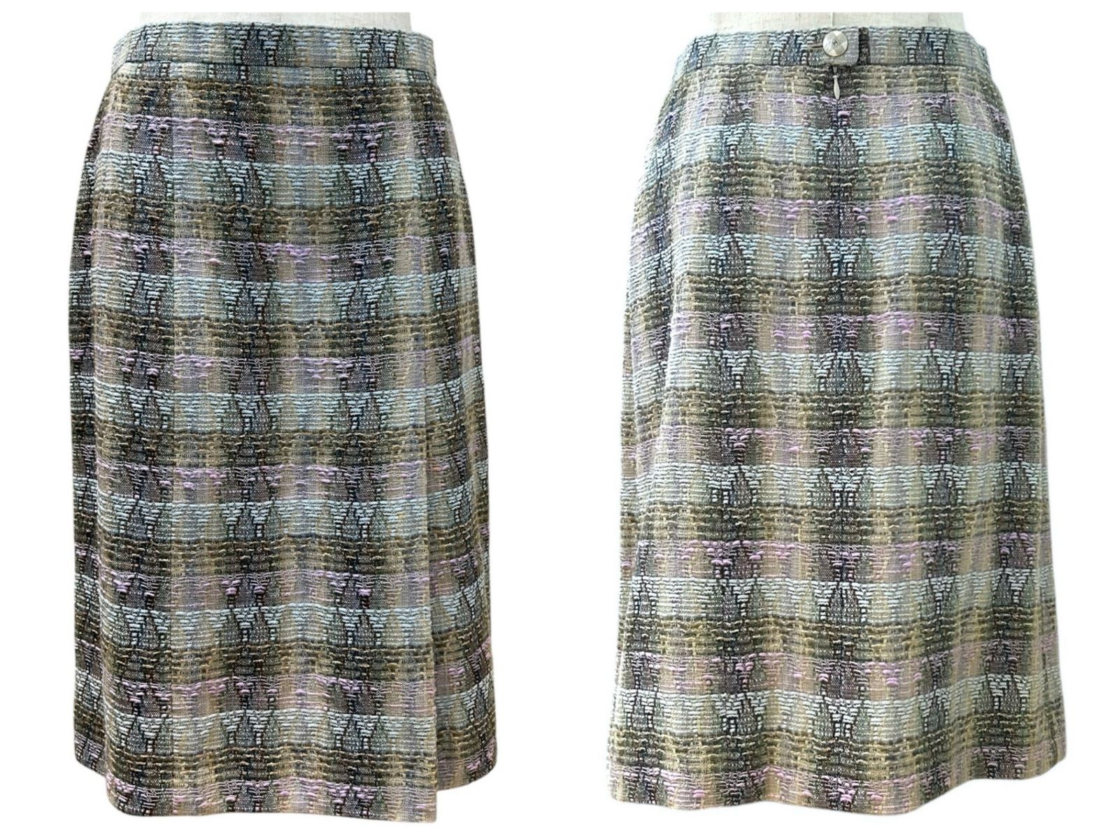 Chanel Boutique Tweed Wool Silk Blend Jacket & Skirt Suit Set Beige Grey Multicolour 38