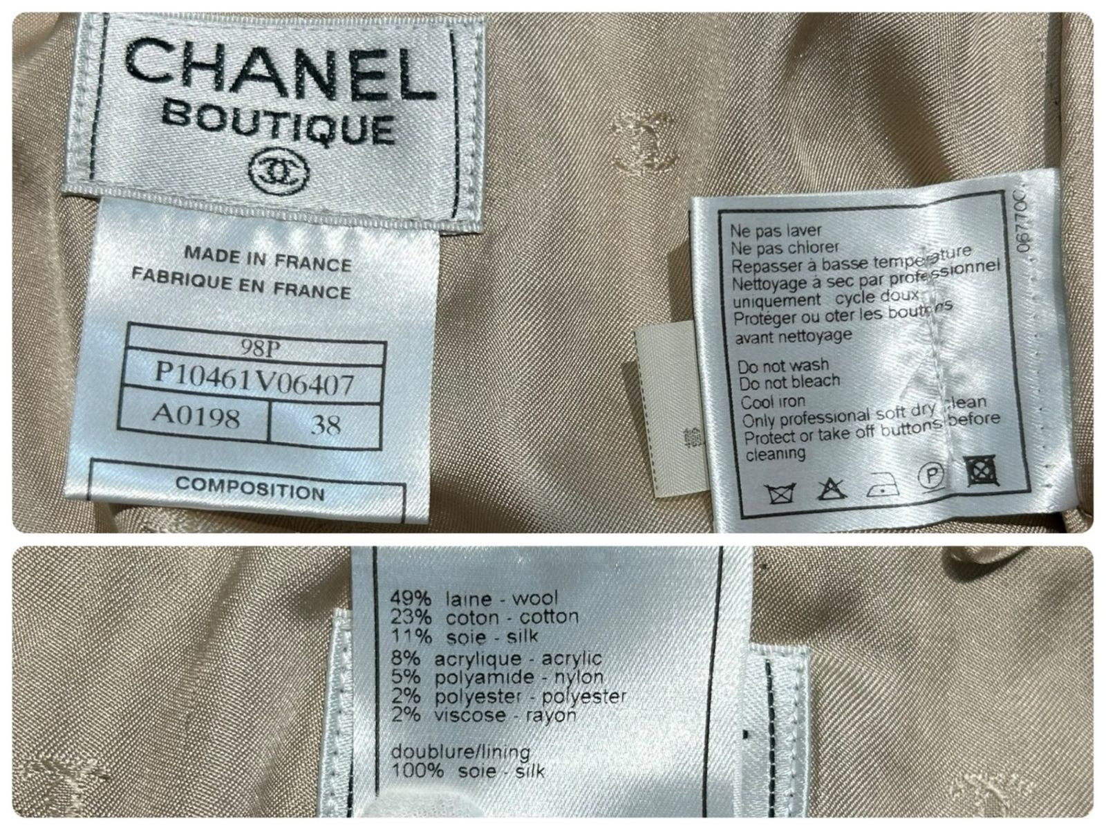 Chanel Boutique Tweed Wool Silk Blend Jacket & Skirt Suit Set Beige Grey Multicolour 38