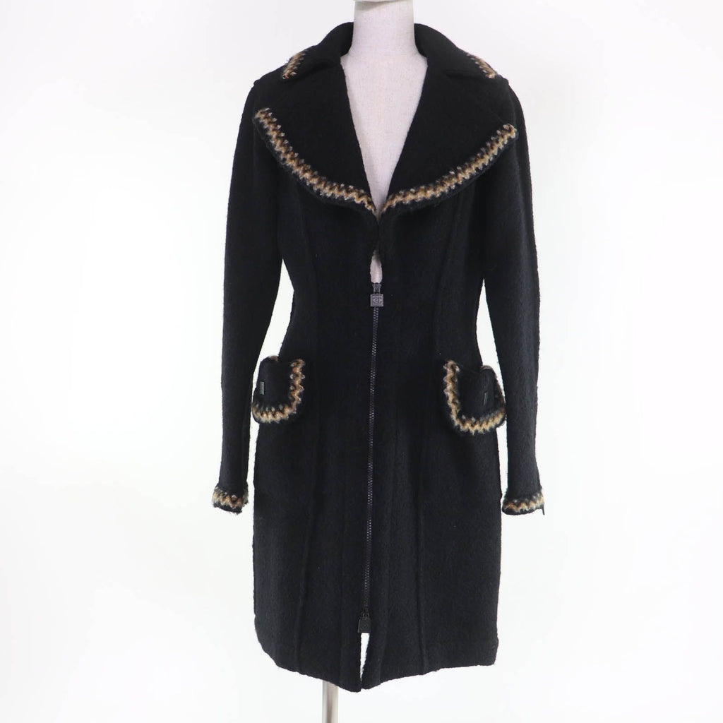 Chanel 06A P29214V14904 Vintage Sports Line Wool Alpaca Blend Coco Mark Zip Up Long Coat Black 36