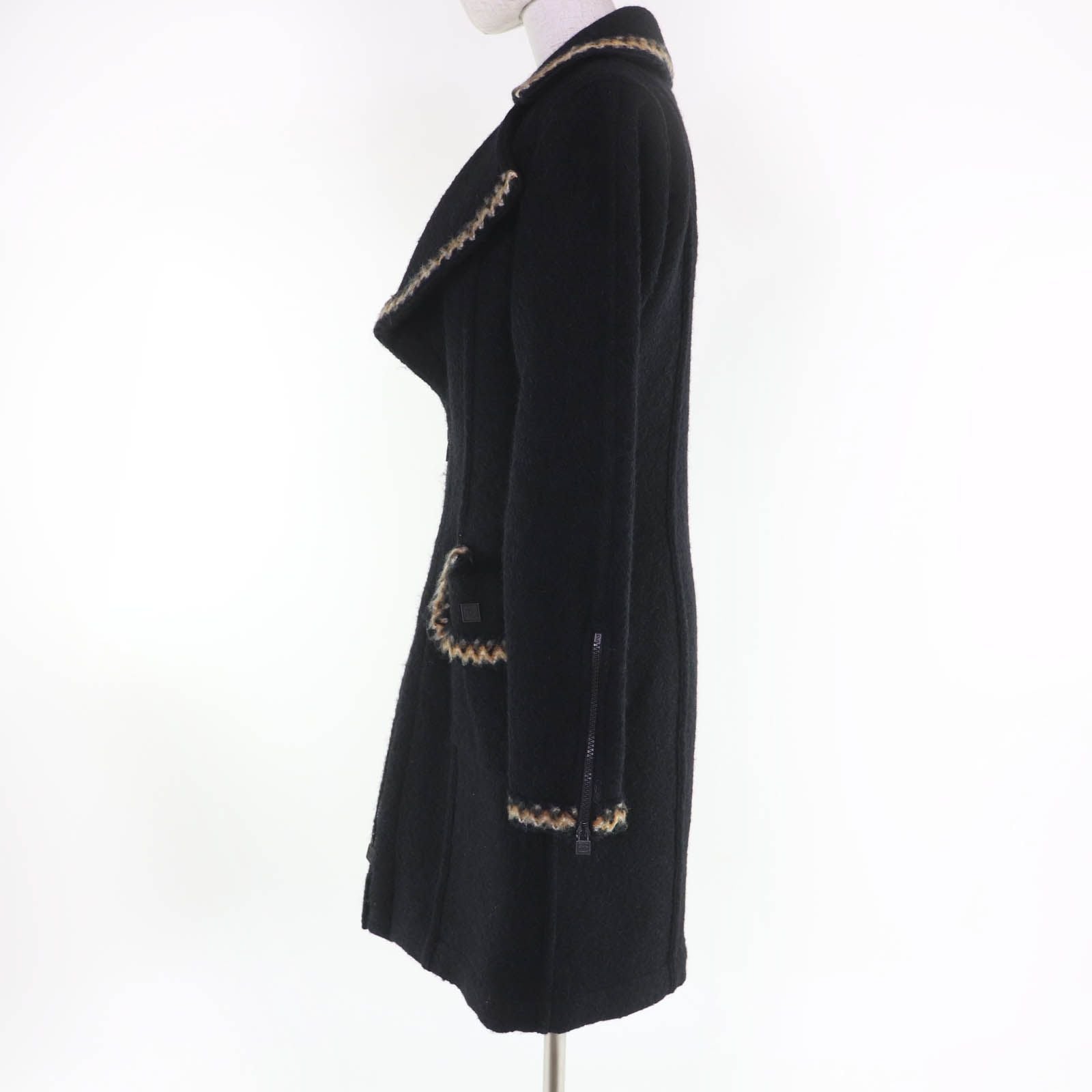 Chanel 06A P29214V14904 Vintage Sports Line Wool Alpaca Blend Coco Mark Zip Up Long Coat Black 36