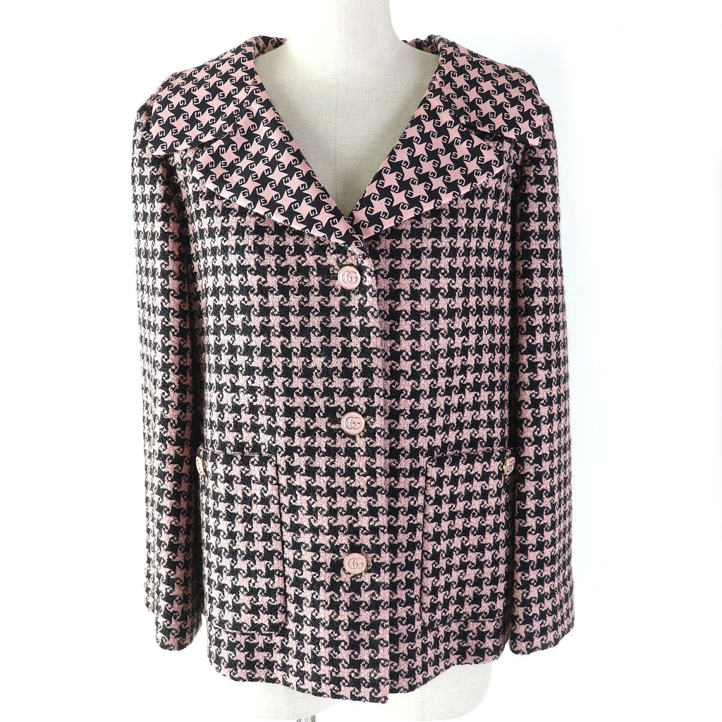 GUCCI GG Button Houndstooth Wool Silk Lined 3/4 Sleeve Jacket Size 40