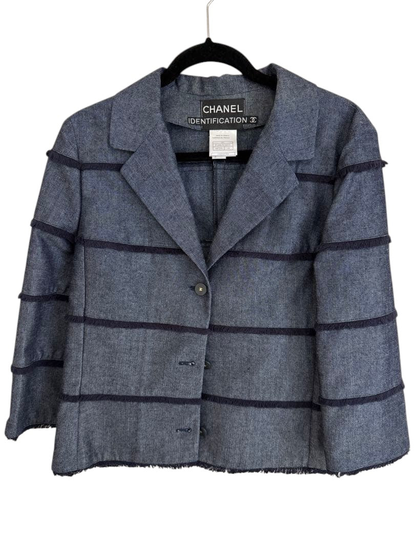 Chanel Denim-Look Fringe Coco Button Jacket 42