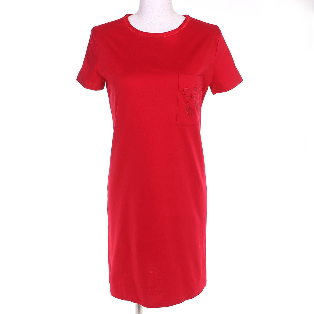 Hermès Cotton Pocket Embroidery Crew Neck Short Sleeve Dress Red 34