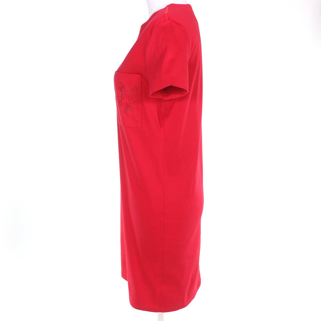 Hermès Cotton Pocket Embroidery Crew Neck Short Sleeve Dress Red 34