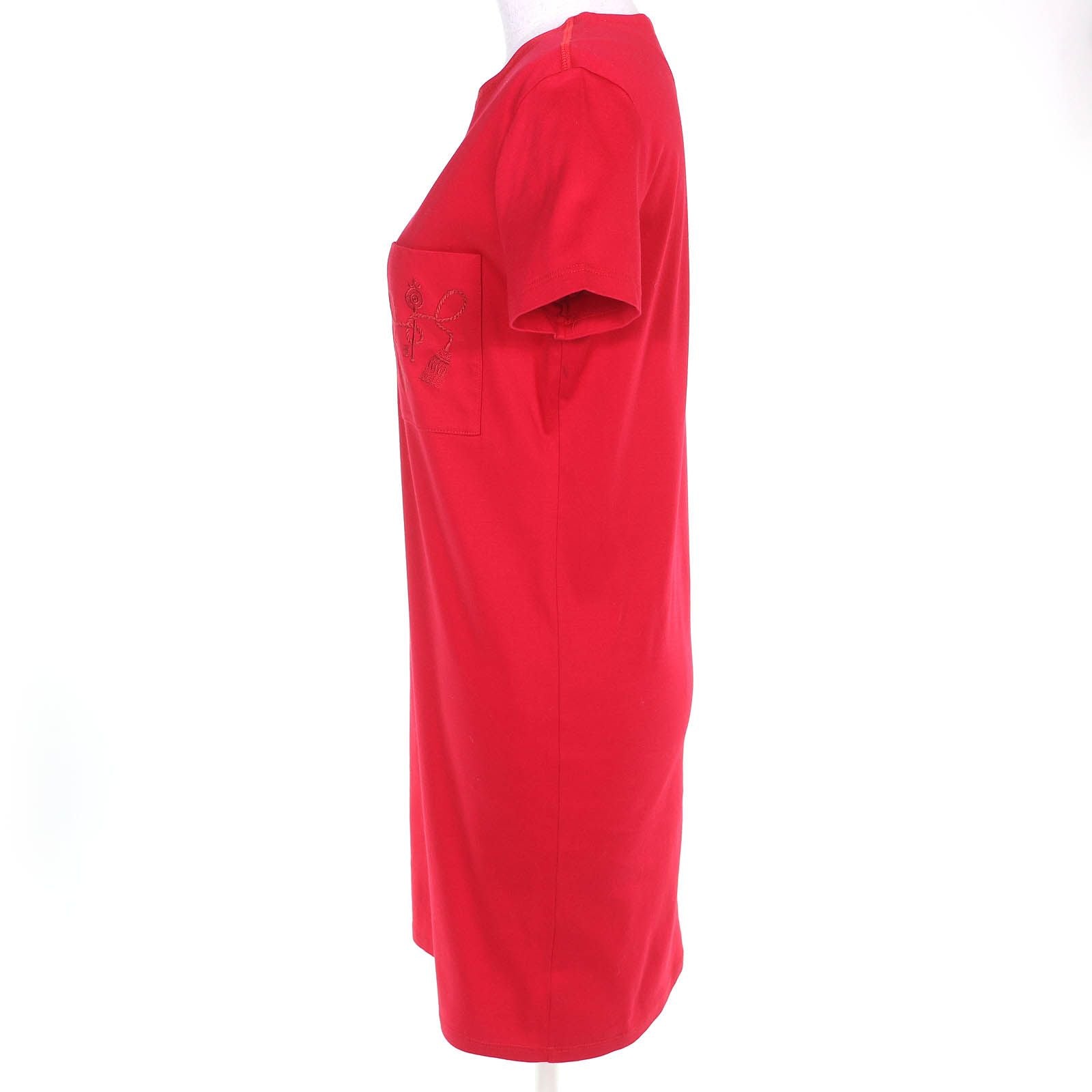 Hermès Cotton Pocket Embroidery Crew Neck Short Sleeve Dress Red 34