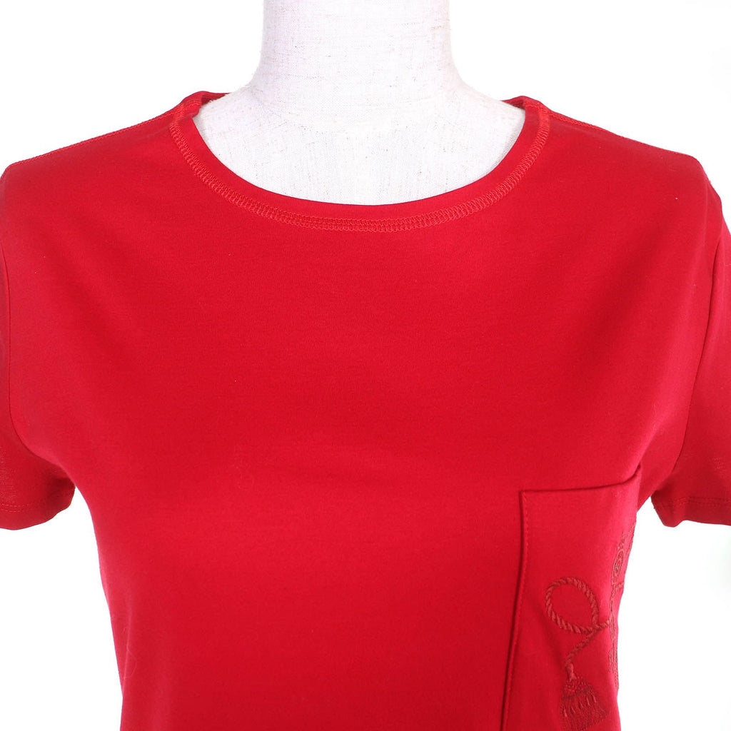 Hermès Cotton Pocket Embroidery Crew Neck Short Sleeve Dress Red 34