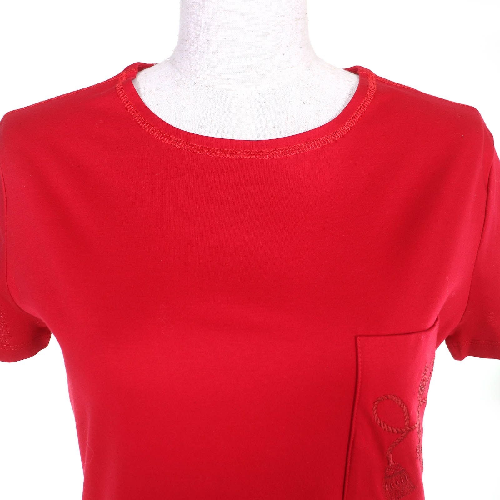 Hermès Cotton Pocket Embroidery Crew Neck Short Sleeve Dress Red 34
