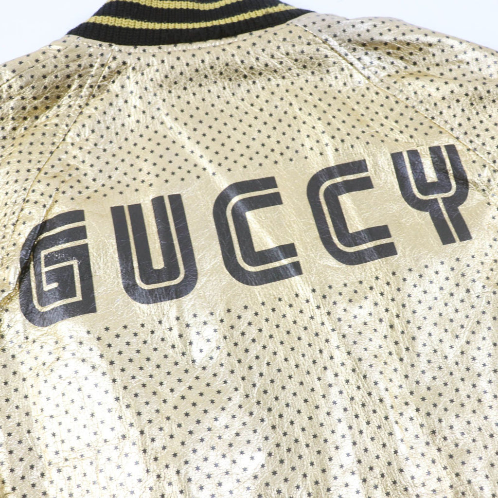 GUCCI 19AW GUCCY Back Logo Lambskin Bomber Jacket Gold Size 38