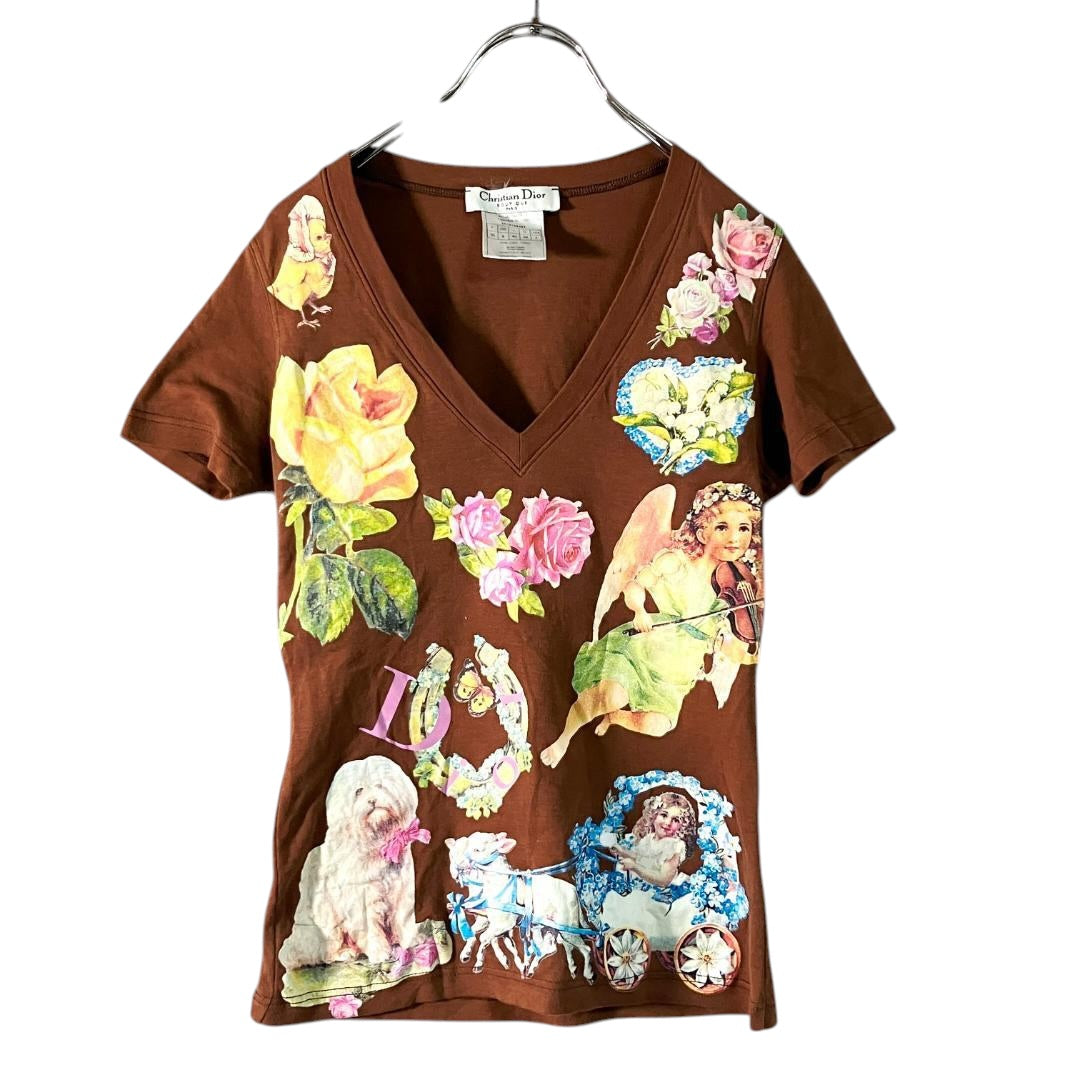 Christian Dior Cut & Sew Short Sleeve V-Neck Top Brown F/36