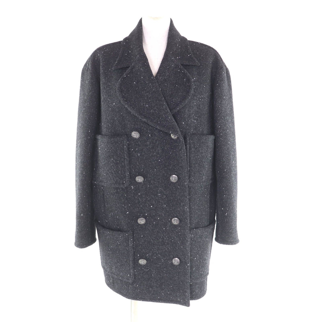 CHANEL P71167 Silk Lining Rhinestone Coco Mark Button Double Breasted Coat Black