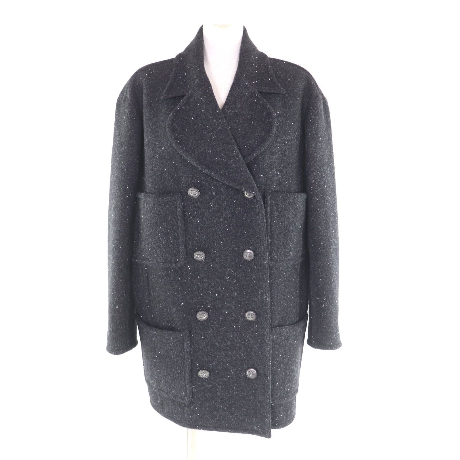 CHANEL P71167 Silk Lining Rhinestone Coco Mark Button Double Breasted Coat Black