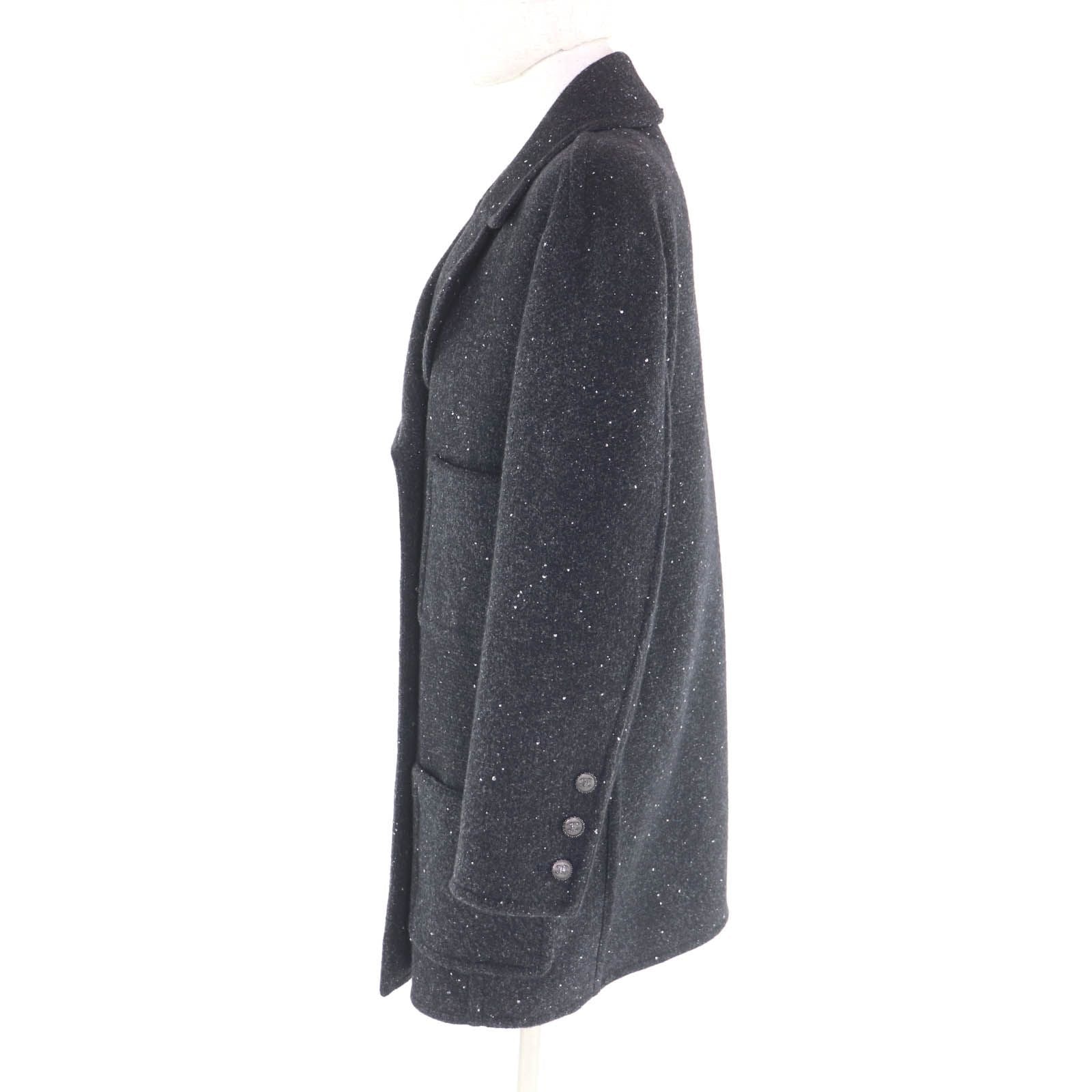 CHANEL P71167 Silk Lining Rhinestone Coco Mark Button Double Breasted Coat Black