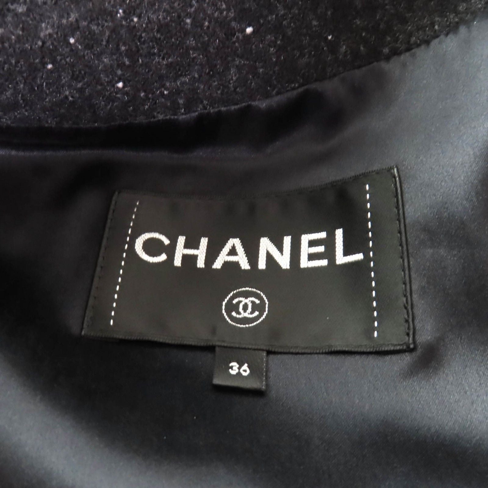CHANEL P71167 Silk Lining Rhinestone Coco Mark Button Double Breasted Coat Black