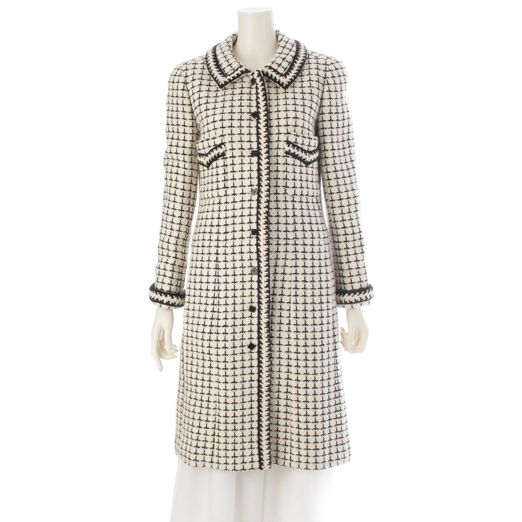 CHANEL 2000 Tweed Wool Mohair Alpaca Long Coat P16301 Black White