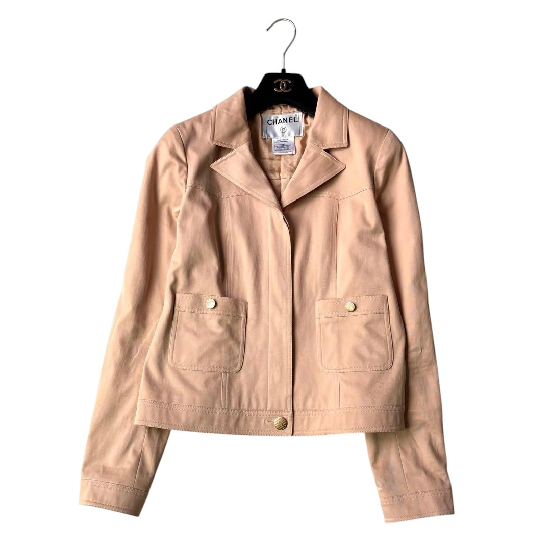 CHANEL Cotton Tailored Jacket Coco Button Silk Lining Size 42