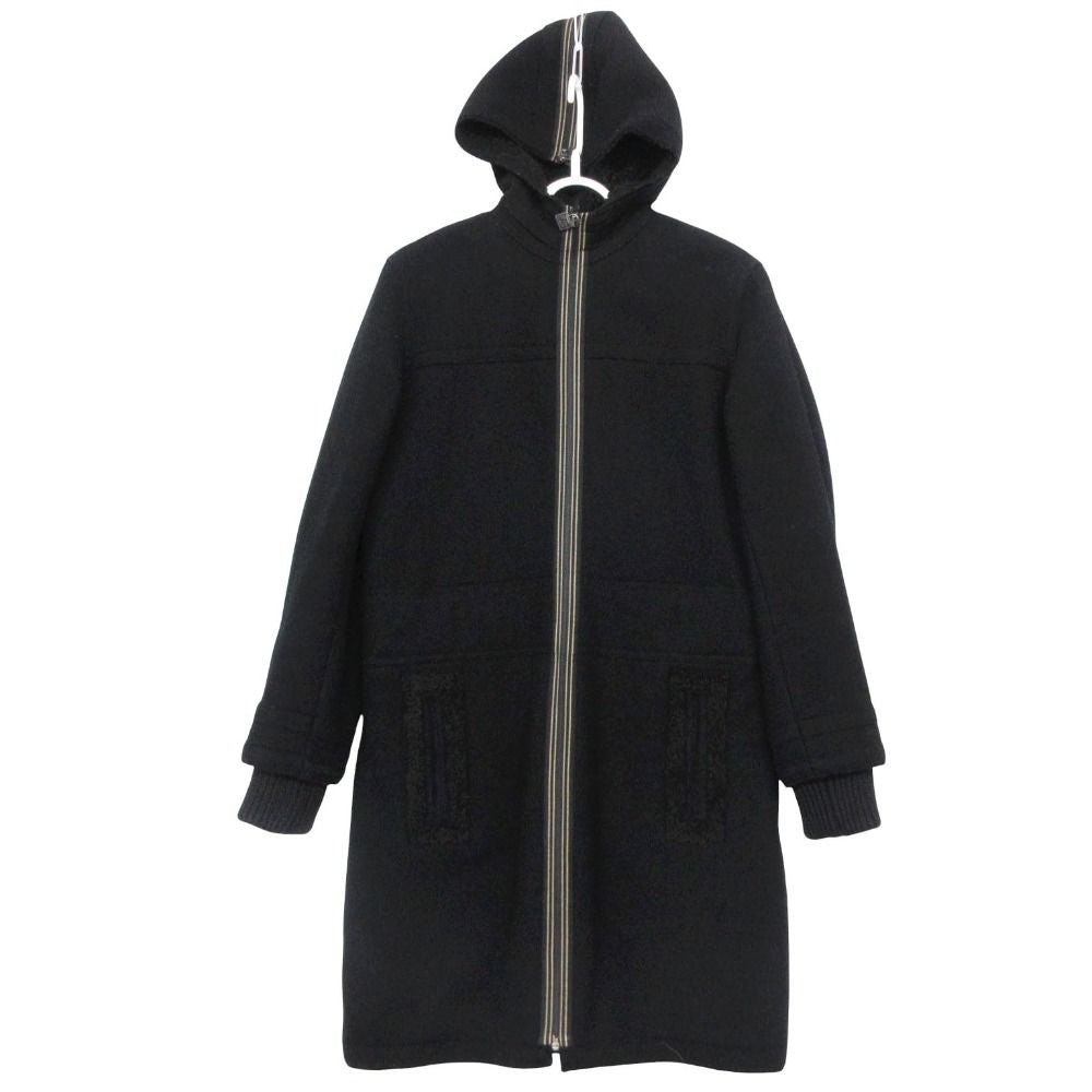CHANEL Hooded Zip-Up Coat with Boa Lining Black (No Size Label)