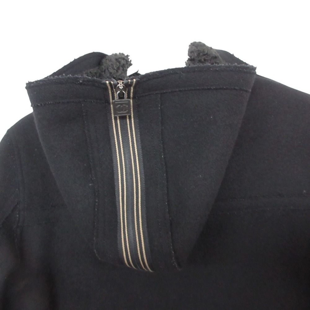 CHANEL Hooded Zip-Up Coat with Boa Lining Black (No Size Label)