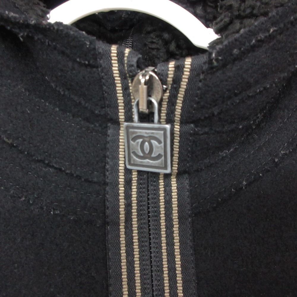 CHANEL Hooded Zip-Up Coat with Boa Lining Black (No Size Label)