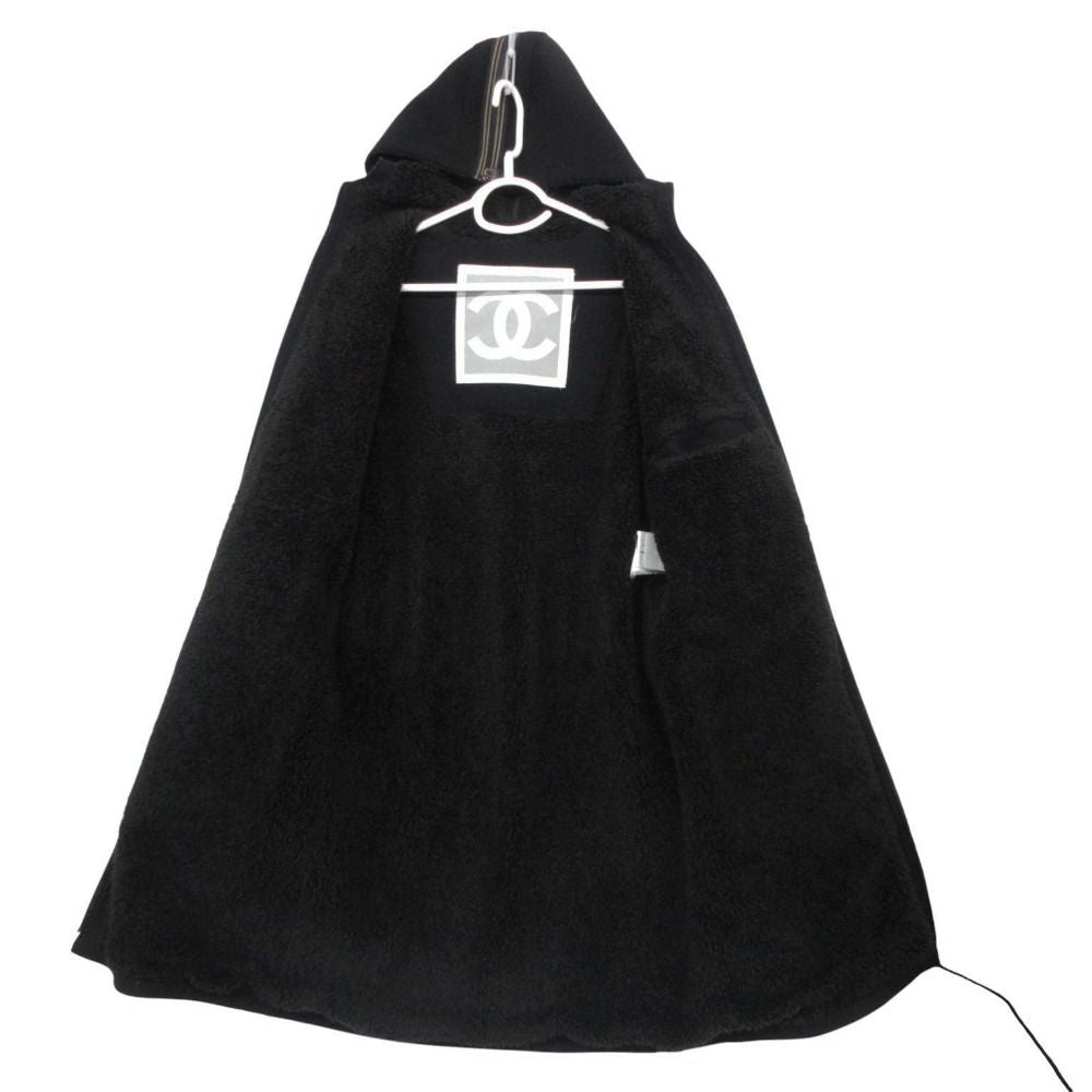 CHANEL Hooded Zip-Up Coat with Boa Lining Black (No Size Label)