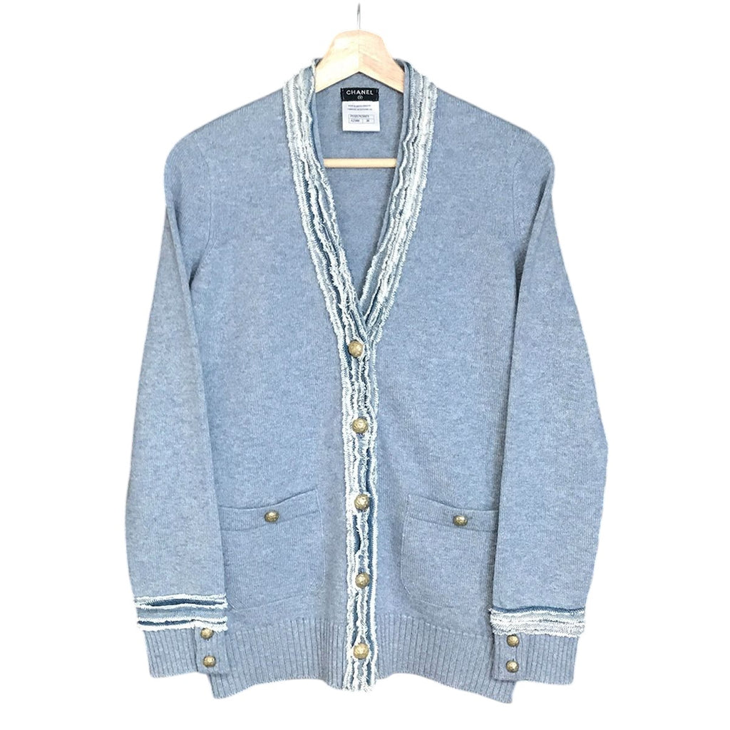 CHANEL Cashmere Coco Mark Cardigan Jacket Light Blue Size 36