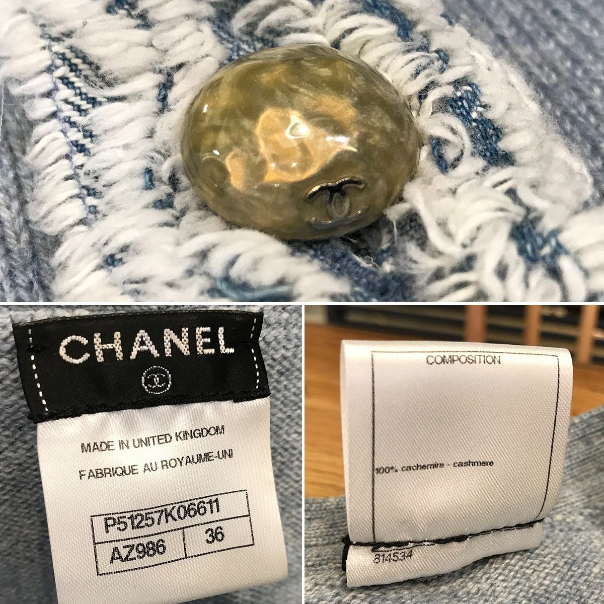 CHANEL Cashmere Coco Mark Cardigan Jacket Light Blue Size 36