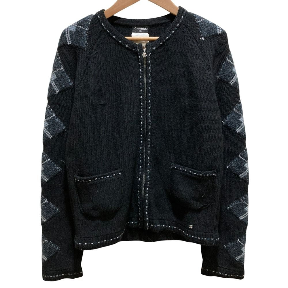CHANEL 02A Coco Mark Cashmere Blend Zip Knit Cardigan Black Size 38
