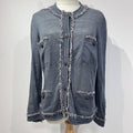 CHANEL Vintage Fringe Trim Knit Cardigan Jacket Grey Coco Mark Button Size 40