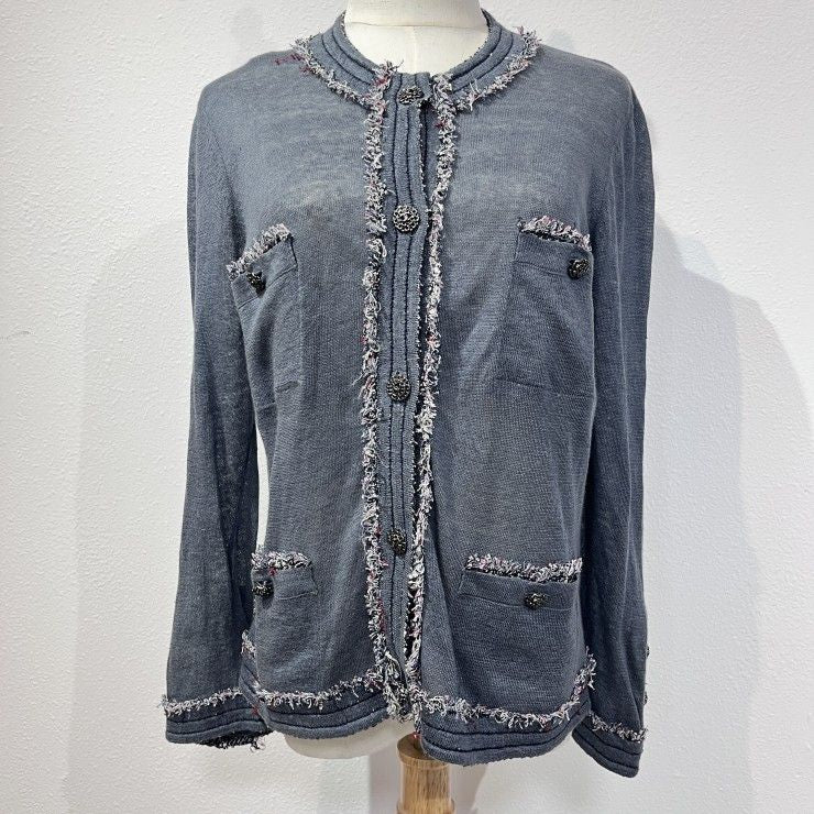 CHANEL Vintage Fringe Trim Knit Cardigan Jacket Grey Coco Mark Button Size 40