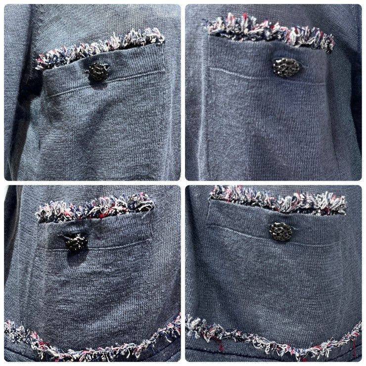 CHANEL Vintage Fringe Trim Knit Cardigan Jacket Grey Coco Mark Button Size 40