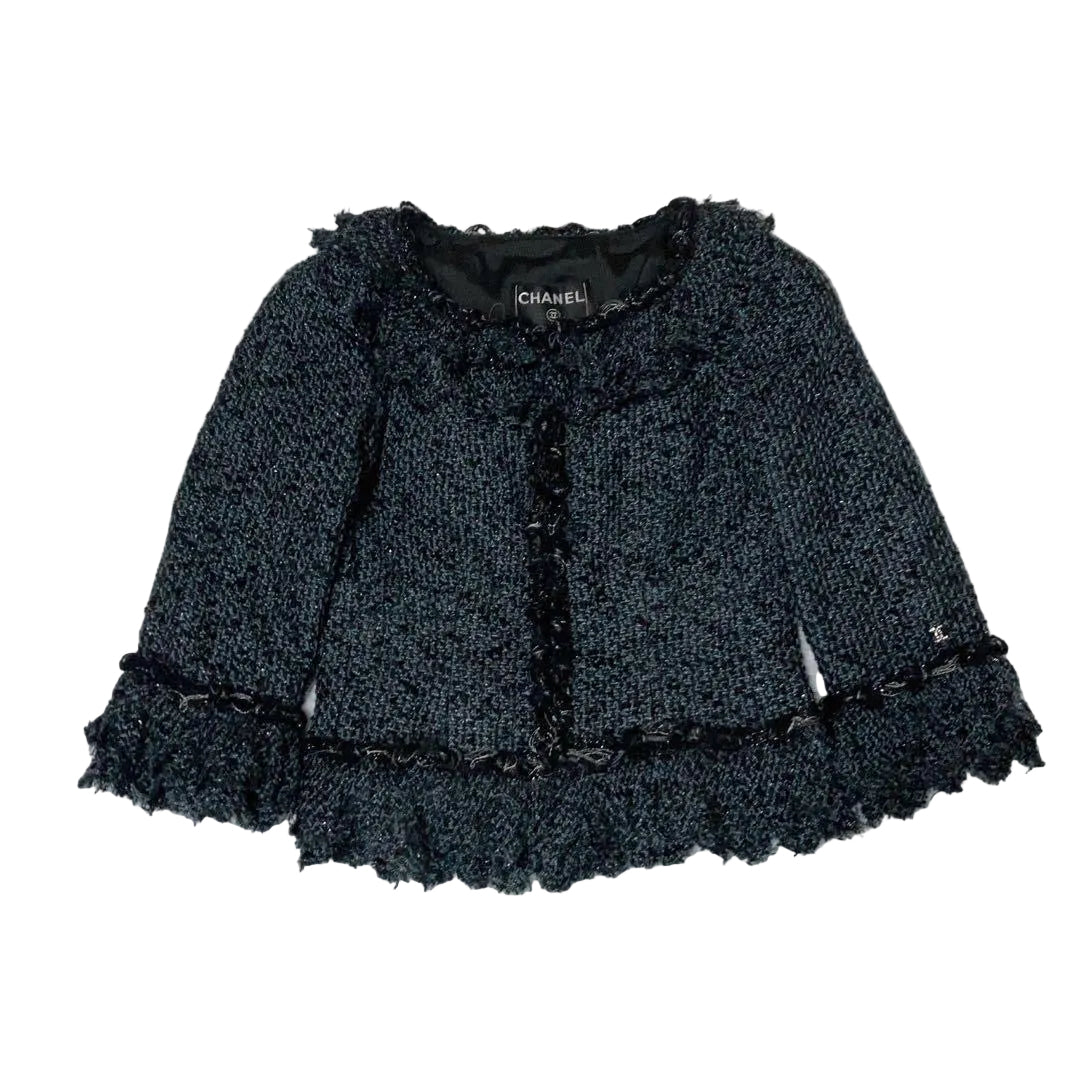 CHANEL No Collar Fringe Tweed Coco Mark Floral Jacket