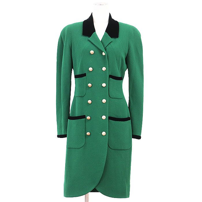 CHANEL BOUTIQUE Vintage Tweed Velvet Trim Double Breasted Long Coat Coco Mark Pink Button Size 38