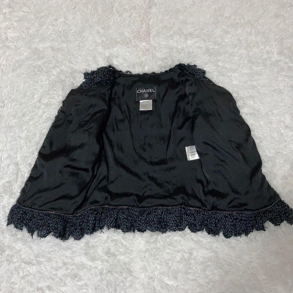 CHANEL No Collar Fringe Tweed Coco Mark Floral Jacket