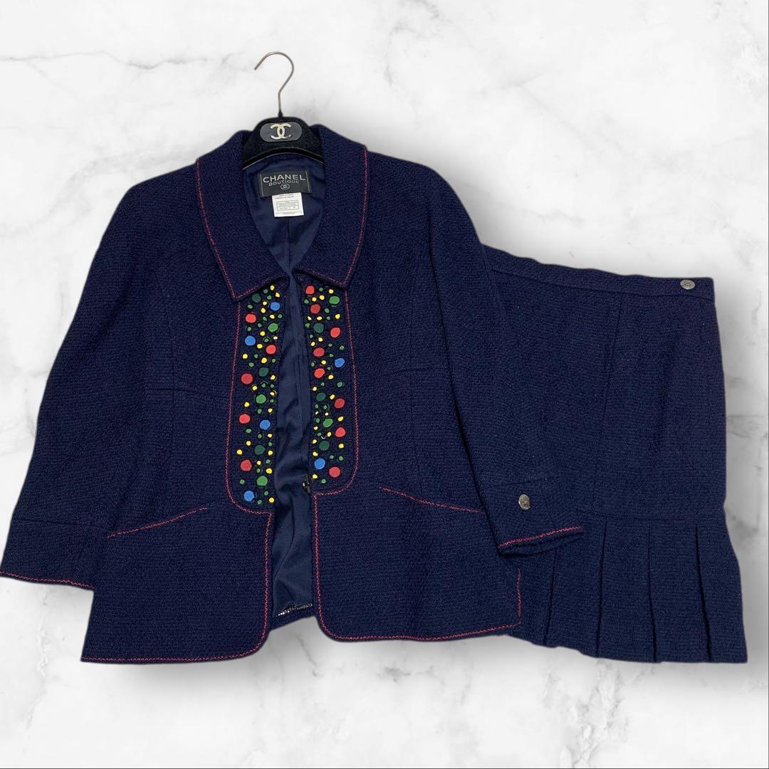 CHANEL Navy Dot Embroidery Skirt Set-Up Jacket & Skirt Size 38