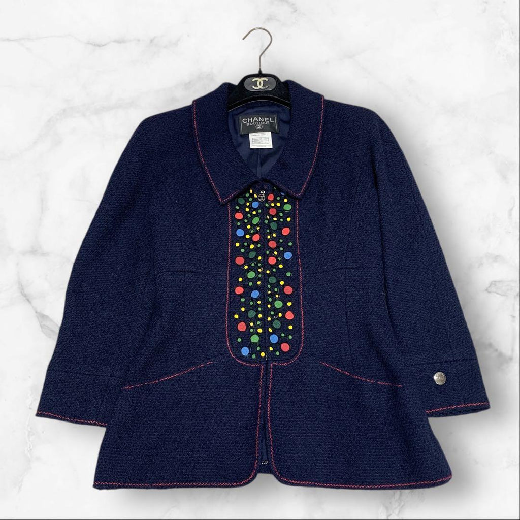CHANEL Navy Dot Embroidery Skirt Set-Up Jacket & Skirt Size 38