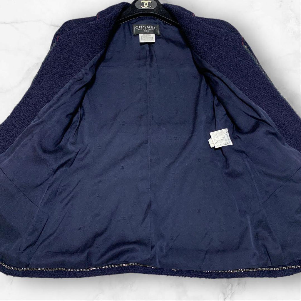 CHANEL Navy Dot Embroidery Skirt Set-Up Jacket & Skirt Size 38
