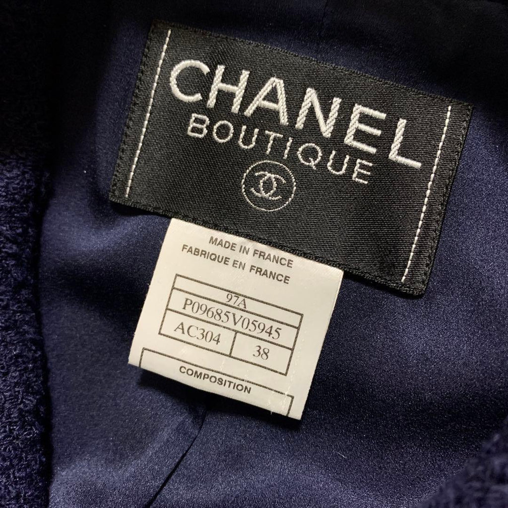 CHANEL Navy Dot Embroidery Skirt Set-Up Jacket & Skirt Size 38