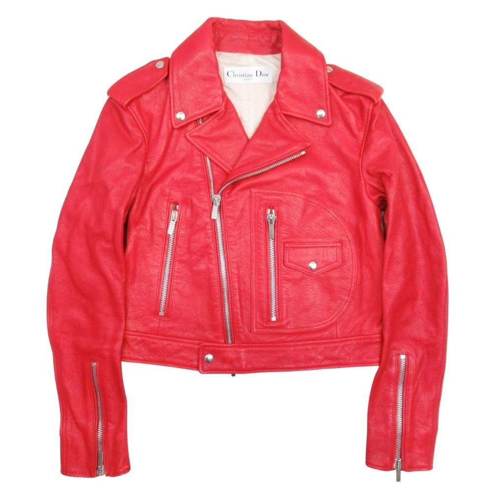 Christian Dior 17AW Goatskin Double Rider Biker Jacket Bee Embroidery Red Size 36