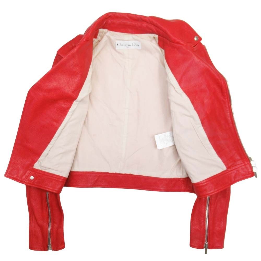 Christian Dior 17AW Goatskin Double Rider Biker Jacket Bee Embroidery Red Size 36