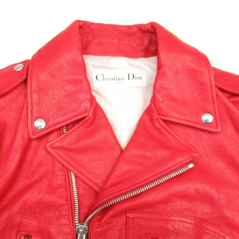 Christian Dior 17AW Goatskin Double Rider Biker Jacket Bee Embroidery Red Size 36