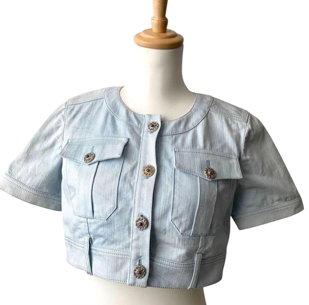 CHANEL P40 Gripoix Short Sleeve Denim Jacket Indigo Blue Size 38