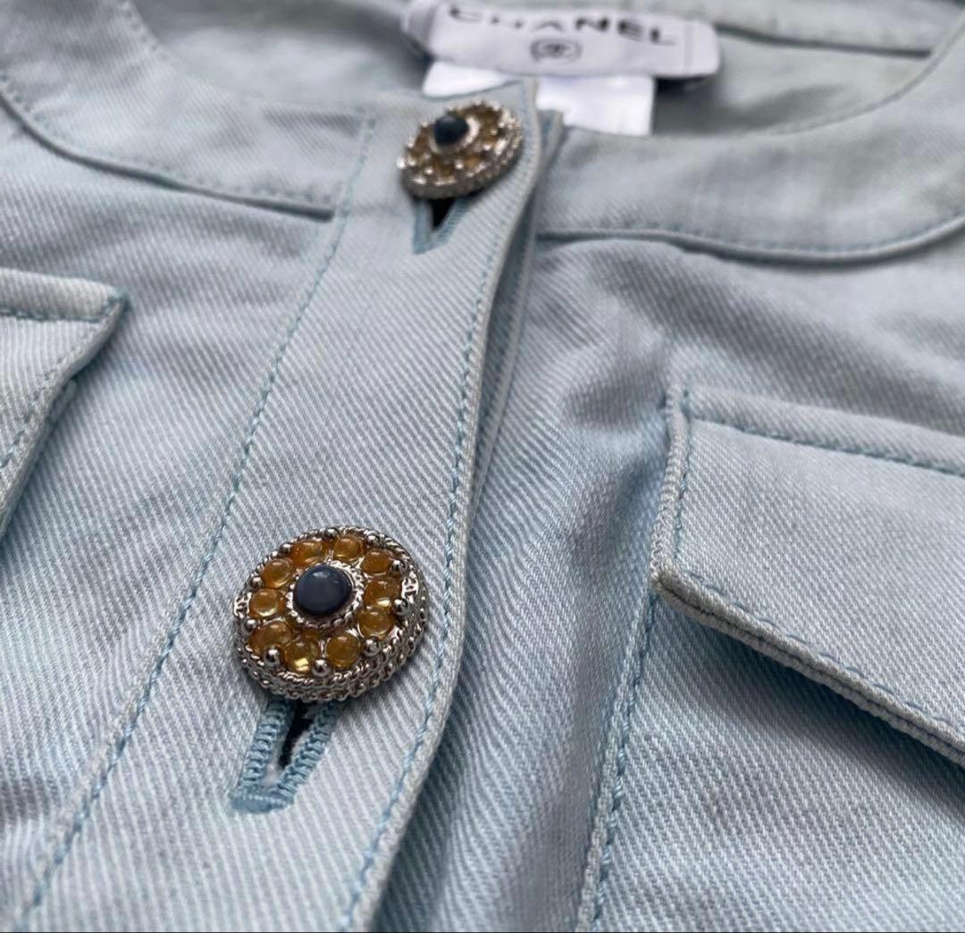 CHANEL P40 Gripoix Short Sleeve Denim Jacket Indigo Blue Size 38