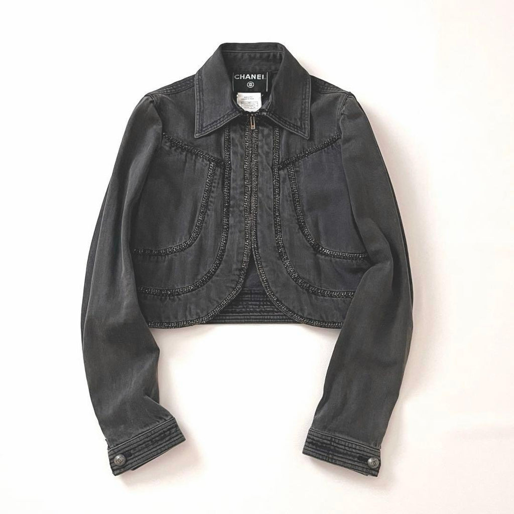 CHANEL Coco Button Logo Cropped Denim Jacket Size 38