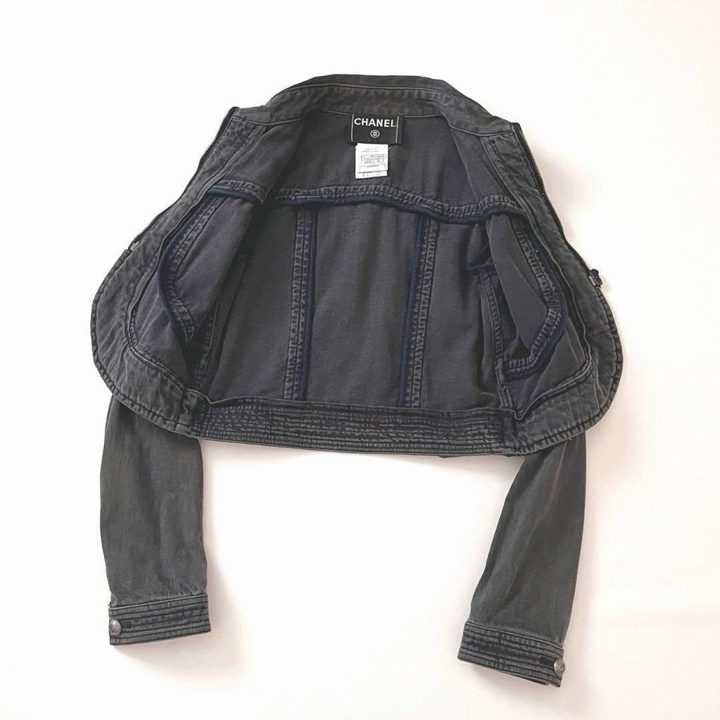 CHANEL Coco Button Logo Cropped Denim Jacket Size 38