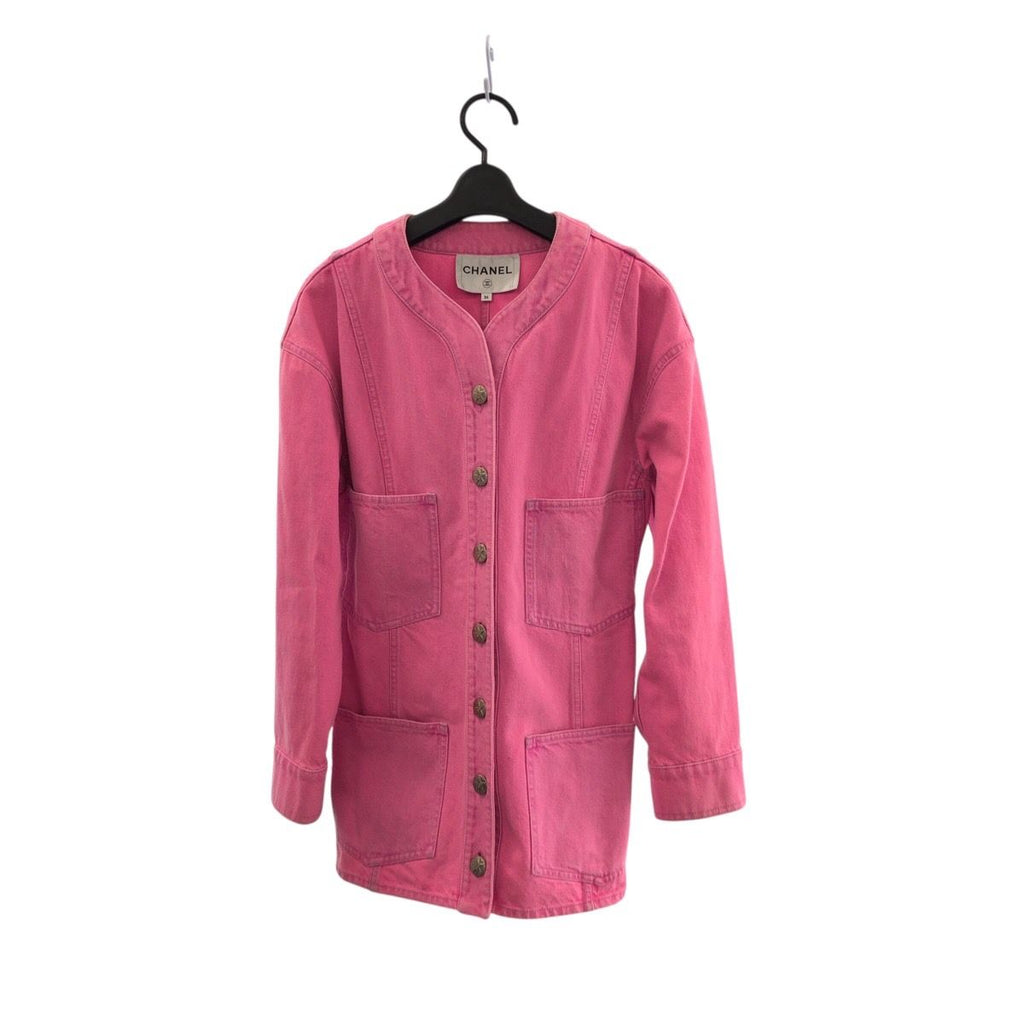 CHANEL Coco Mark Pink Cotton Denim Jacket Gold Hardware Size 36