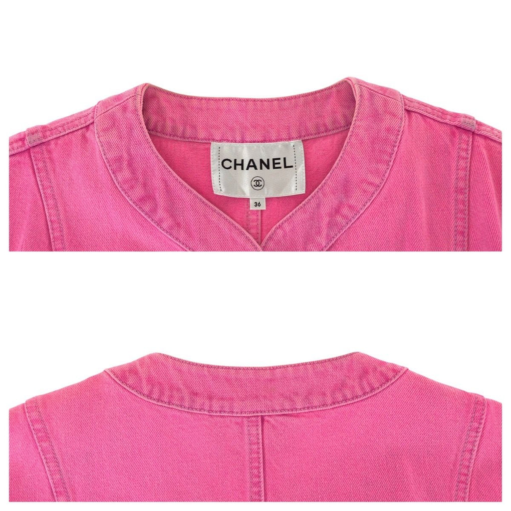 CHANEL Coco Mark Pink Cotton Denim Jacket Gold Hardware Size 36