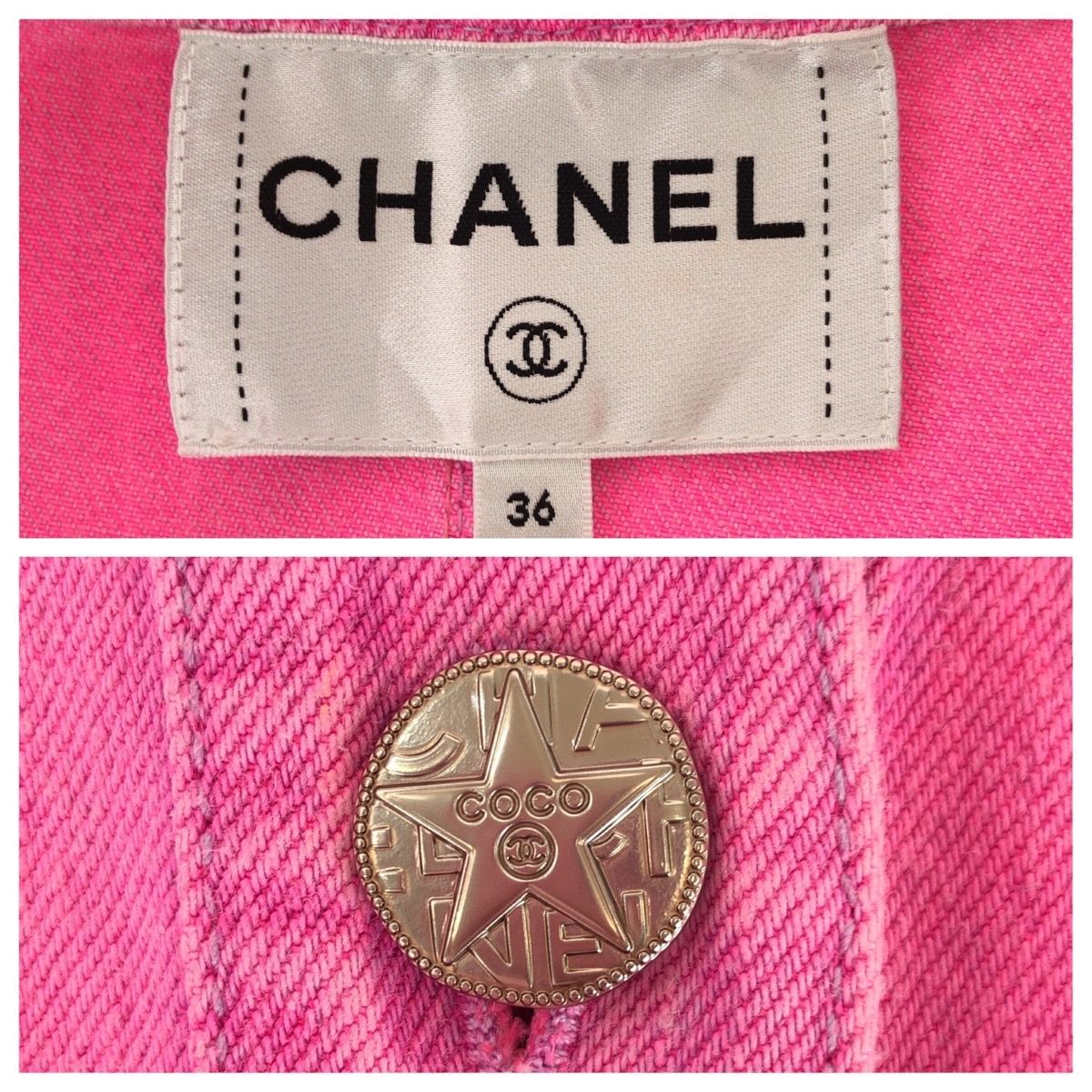 CHANEL Coco Mark Pink Cotton Denim Jacket Gold Hardware Size 36