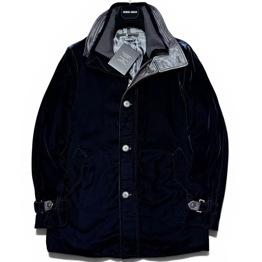 GIORGIO ARMANI Velvet x Calf Leather Stand Collar Coat Navy Size 54