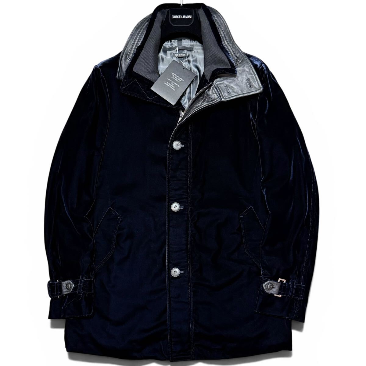 GIORGIO ARMANI Velvet x Calf Leather Stand Collar Coat Navy Size 54