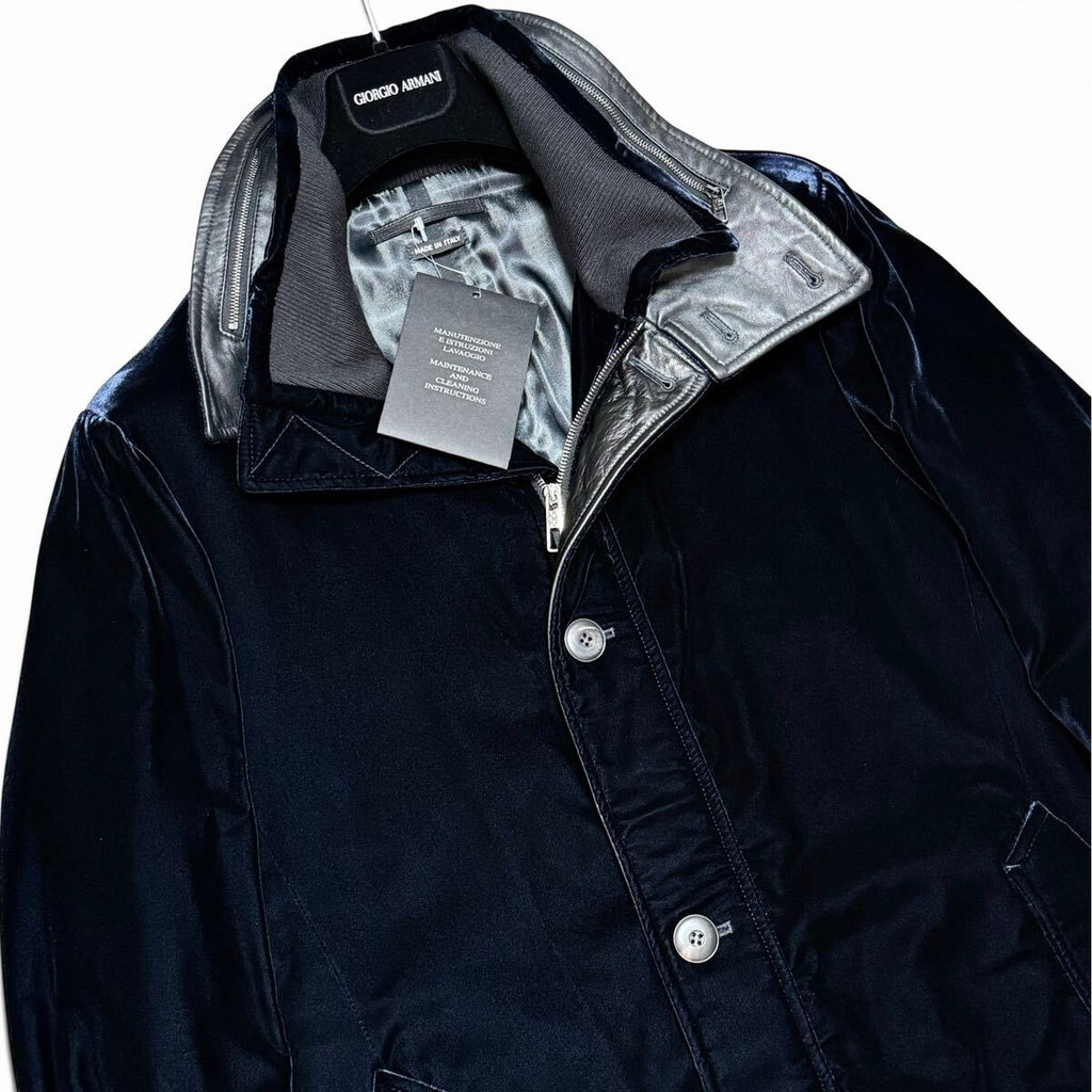 GIORGIO ARMANI Velvet x Calf Leather Stand Collar Coat Navy Size 54